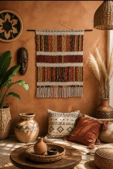 Tenture murale en macramé bohème et ethnique Soleil d'Afrique